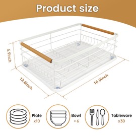 KOOYAT Dish Drying Rack with Metal Material White Dish Drainers for Kitchen Sink with Removable Drainboard Metal Dish Strainers for Kitchen Counter with Wooden Handle in Small Large Capacity