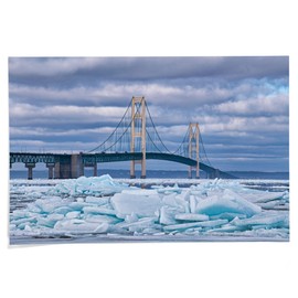 24x36 Inch Giclee Print, Mackinaw City, Michigan, Winter Landscape of Blue Ice Shards and the Mackinac Bridge