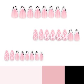 Cow Print French Tip Press on Nails Almond Medium Fake Nails with 3D Bow Design Glue on Nails Glossy Pink Acrylic Nails Press ons Full Cover Stick on Nails for Coquette Women Girls 24 Pcs