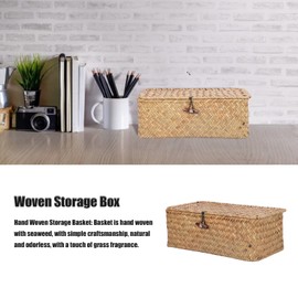 Wicker Basket, Hand-Woven Wicker Storage Container with Lid, Dustproof Multi-Purpose Seagrass Basket, Seagrass Storage Basket, Rectangular Household Organiser, Box, Shelf (S)