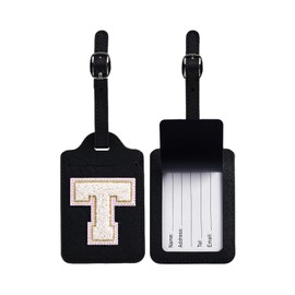 Initial Luggage Tags, PU Leather Suitcase Tags for Baggage Handbag Travel Bag Tags with Privacy Cover Name Card, Lettered Embroidered Travel Bag Labels Gifts for Women Kids Teens(Black T)