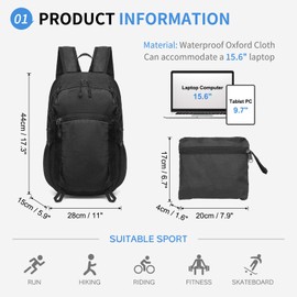 SUIKIHUM Hiking Daypack Packable, Camping Backpack Water Resistant Lightweight Polyester for Men Women Travel Outdoor, Black