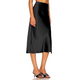 BOMAROLAN Women's Satin Midi Skirt High Waist Solid Silky Skirts for Women Hidden Elasticized Waistband Elegant A-Line Slit Midi Skirts Black L