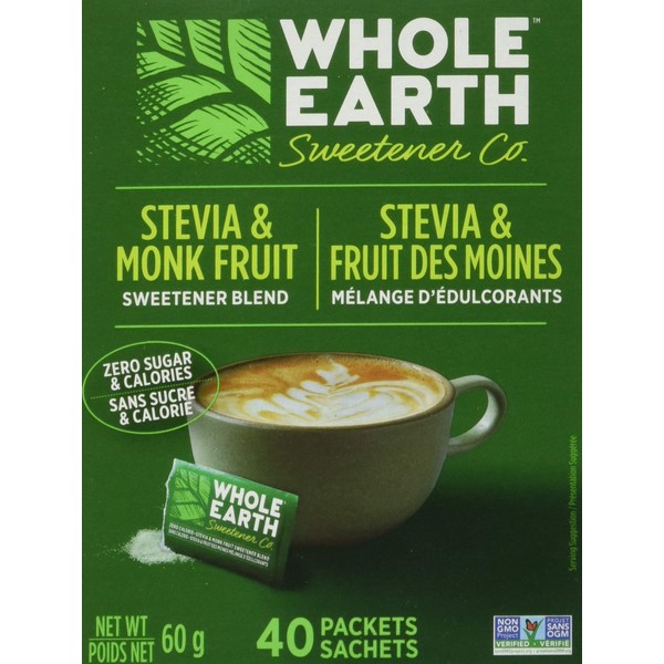 Whole Earth Sweetener Company Stevia & Monk Fruit Sweetener, Erythritol Sweetener, Sweet Leaf Stevia Packets, Sugar Substitute, Natural Sweetener, 40-Count