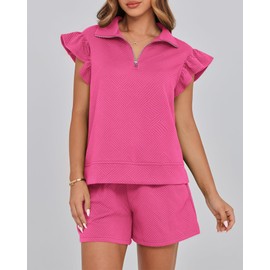 BTFBM Women's 2 Piece Outfits Sweatsuit Zipper V Neck Casual Ruffle Short Sleeve Tops and Drawstring Shorts Lounge Sets(Rose Red, Medium)