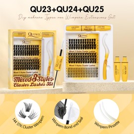QUEWEL DIY Lash Extension Set, Mixed Eyelash Extensions in 3 Styles, 176 Pieces Cluster Lashes of Different Types with Eyelash Glue and Eyelash Tweezers for Home (QU23+QU24+QU25 Set)