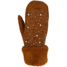 styleBREAKER 09010039 Women's Warm Winter Knitted Mittens with Rhinestones and Pearls, Gloves, Thermal Fleece, Knitted Gloves, Cognac