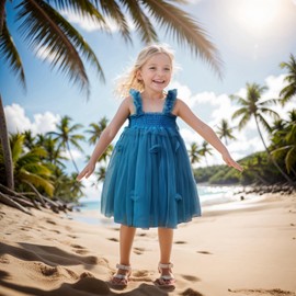Baby Girls Layered Tulle Dress, Sleeveless Princess Tutu Dress with Back Butterfly, Strap Mesh Fluffy Flower Casual Sundress,Blue Size 130