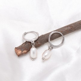 4-5 MM Tiny Freshwater Cultured Pearls Dangle Earrings Sterling Silver Small Huggie Hoops for Women