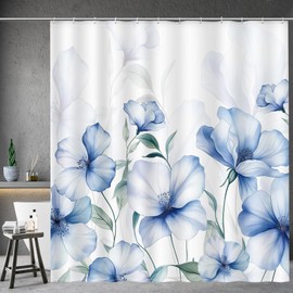 Aimego Spring Floral Shower Curtain - Watercolor Blue White Flower Plant Leaves Modern Ink Botanical Summer Fabric Cloth Shower Curtain Set with 12 Hooks for Bathroom Decor Accessories, 72"x72"