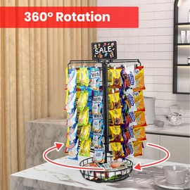 Chip Rack Display Stand, 5 Tier 60 Clips with Basket Snack Display Organizer for Pantry Concession Stand 360° Rotation with Message Blackboard