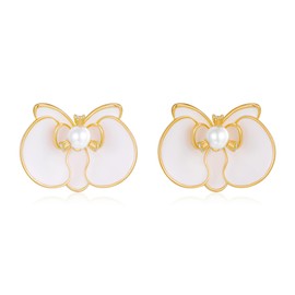 FAUTHENTICUTE White Flower Stud Earrings For Women Cute Enameled Orchid Statement Earring With A Pearl In The Center Elegant Floral Flat Back Earrings