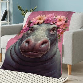 ALIFAFA Hippo Blanket, Cute Hippo with Floral Flowers on Head Pink Blanket, Cute Hippo Gifts for Girls Kids, Soft Plush Hippo Throw Blanket for Hippo Lovers, Christmas Birthday Gift Ideas,50"x40"