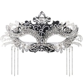 Coddsmz Women Masquerade Mask with Rhinestone Chains Mysterious Venetian Ball Mask Mardi Gras Decoration for Lady Carnival Party Costume Masks (Black Silver)