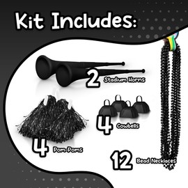 Windy City Novelties School Spirit Kit with 4 Cowbells, 4 Pom Pom, 2 Collapsable Stadium Horns, 12 Beaded Necklaces - Black