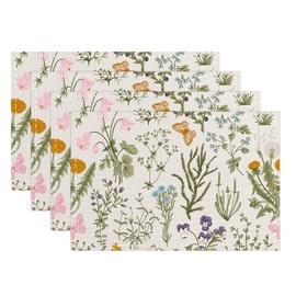 Snycler Table Runner Wildflowers Floral Spring Table Runner, Seasonal Summer Butterfly Kitchen Dining Table Luxury White Linen Decoration for Home Party (12x18 Inch,Set of 4)