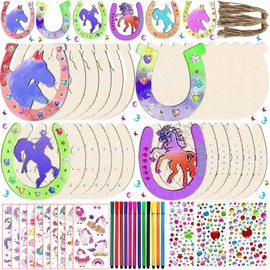 FZYESNO Horseshoe Craft Set Children, 416 Children's Birthday Crafts, Horseshoe Gift with 354 Rhinestones, 24 Horseshoe Wood, 12 Watercolour Pencils, 2 Stickers, Craft Set Children's Birthday for 4-12