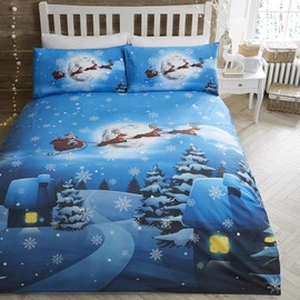 Bedlam - Santa in Sleigh Duvet Cover - Single Bedding Size (140 x 200cm) - Glow in the Dark Bedding - 1x Pillowcase - Christmas Tree & Snow Duvet Cover - Christmas Bedding - Christmas Decorations