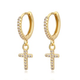 Gold Mini Dangle Huggie Earrings for Women, Dainty 14K Gold Plated Cubic Zirconia Small Hoop Earrings with Charm Drop, Jewelry Gift for Women Ladies (Cross CZ)