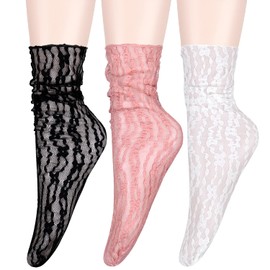 Violet Mist Womens Black Lace Socks Novelty Mesh Sheer Socks Women Floral Decorated Loose Ankle High Sock Tulle Lace Slouch Sock Cute Thin Transparent See Through, 3 Pack-Floral