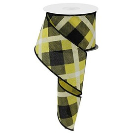 Expressions Plaid Canvas Wired Edge Ribbon, 10 Yards (Yellow, Black, White, 2.5")