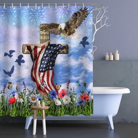APROPHIC 4th of July Shower Curtains for Bathroom Decor, Cross Eagle Flowers Patriotic Shower Curtain, Polyester Fabric Memorial Day Shower Curtain with Hooks, Machine Wash 72x72 in