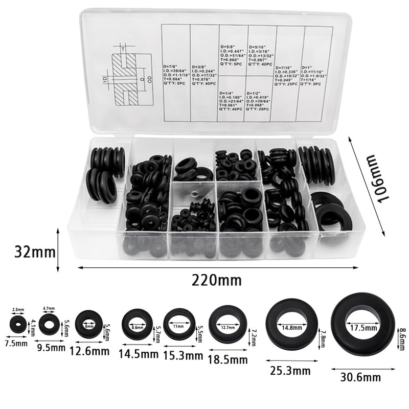 Wolfride 180Pcs Rubber Grommet Assortment Kit O Ring Washer Set