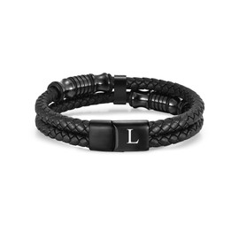 TOLOWOBK Mens Leather Initial Bracelet Gifts for Him Dad Son Grandson Husband Brother Black Leather Bracelets for Men A-Z Letters Bracelets with Magnetic Clasp Fathers Day Graduation Birthday Gifts
