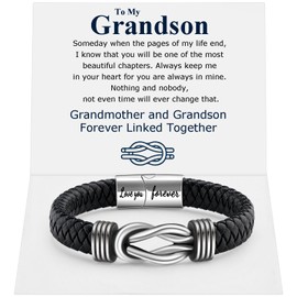 QWNHONEY Grandson Gifts from Grandma Infinity Knot Leather Birthday Christmas Anniversary Mens Black Braided Cuff Bracelet 8.5 Inches