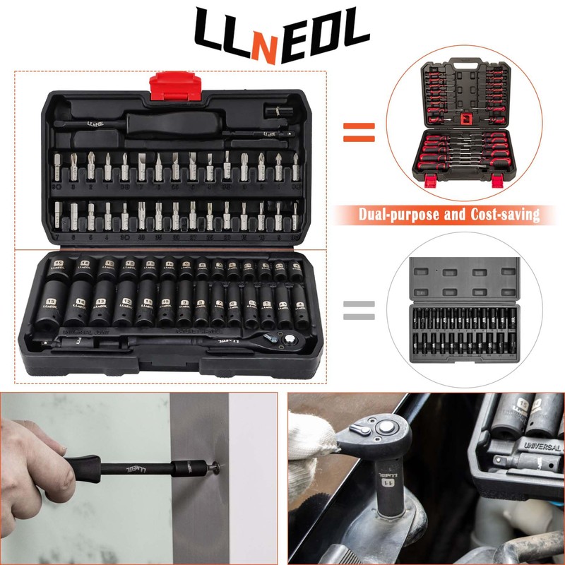 LLNEDL 1/4 inch Impact Socket Set, 63 Piece Drive Socket
