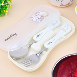 (KitchenU) Miffy Character Spoon and Fork Case Set for Toddlers and Children, Made in Korea 304 Stainless Steel, Daycare / (키친유)유아 어린이 미피 캐릭터 스푼 포크 케이스 세트 국내산 스텐 304 수저 어린이집