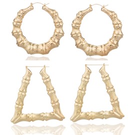 Goldtone 3.25 Inch Bamboo Style Hoop Earrings and a Triangle Bamboo 3.5 Inch Hoop (E-788 + E-799)