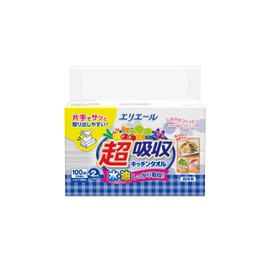 Elleair Kitchen Paper, Super Absorbent, Kitchen Towels, Sheet Type, 100 Pairs x 2 Pack, 100% Pulp