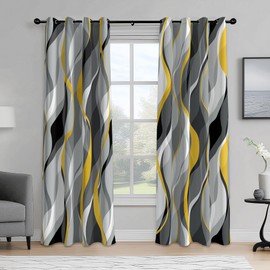 weesire Yellow and Grey Curtains Modern Striped Decorative 50% Light Blocking Darkening Grommet Yellow Curtain for Living Room Villa, Bedroom Gray and White 2 Panels Set, 52x84 Inches
