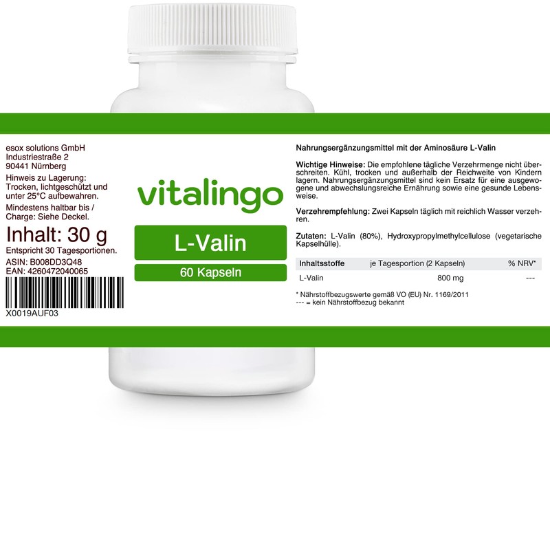L-Valine Capsules - 60 Capsules of 500 mg