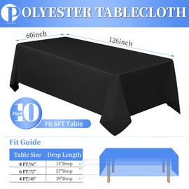 10 Packs Black Polyester Tablecloth 60 x 126 inch Rectangle Table Cloth for 8 Foot Tables Wrinkle Resistant Washable Fabric Table Cover Polyester Black Table Cloth for Party,Wedding, Banquet