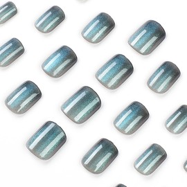 24Pcs Green Cat Eyes Press On Nails Short Fake Nails Holographic Glitter Design Acrylic Nails Full Cover Glossy False Nails Reusable Artificial Nails Square Stick on Nails for Women Girls Manicure Art