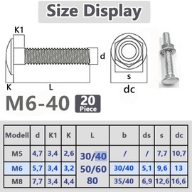 SHUNCHG M6 X 40mm Coach Bolts, Cup Square Carriage Bolt and Nut Pack of 20, M6 (6mm) X 40mm Coach Bolts with Hexagon Nuts