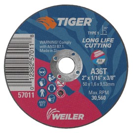 Weiler 57011 2-Inch Cutting Wheel, Tiger AO Steel/Metal Long Life, Performance Cutting, 1/16" A36T Type 1 3/8" Arbor (Pack of 100)