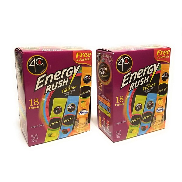4C Energy Rush Drink Mix - Pack of 2 Boxes - 18 Packets Each - Makes 36 Servings - 6 Orange, 6 Berry, 6 Citrus Packets - Bonus Variety Pack -Net Wt. 4.987 OZ (141g) Each Box