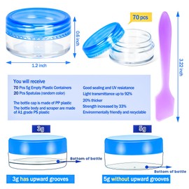 MotBach 70 Pcs 3g Empty Plastic Containers with Blue Lids,Mini Makeup Sample Containers, Small Sample Pot Jars Round Cosmetic Jars with 20Pcs Mini Spatulas for Liquid Sample Powder Creams Lotions