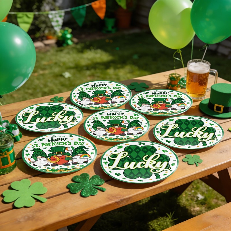 St. Patrick's Day Party 9 Inch Plates Green Shamrocks Gnomes