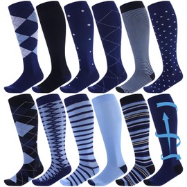 Shyyween 12 Pairs Men Dress Compression Socks Men's Knee Long Light Socks 8-15 mmHg Graduated Support Christmas Gift(L/xl,Basic)