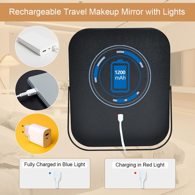 YEKKOPT Lighted Vanity Mirror, Rechargeable Travel Makeup Mirror with Lights,