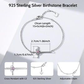 YZSFMZGE Birthstone Bracelet 925 Sterling Silver October Birthstone Bracelets for Women Cross Heart Pink Tourmaline Adjustable Bracelet Birthstone Jewelry Gifts for Birthday