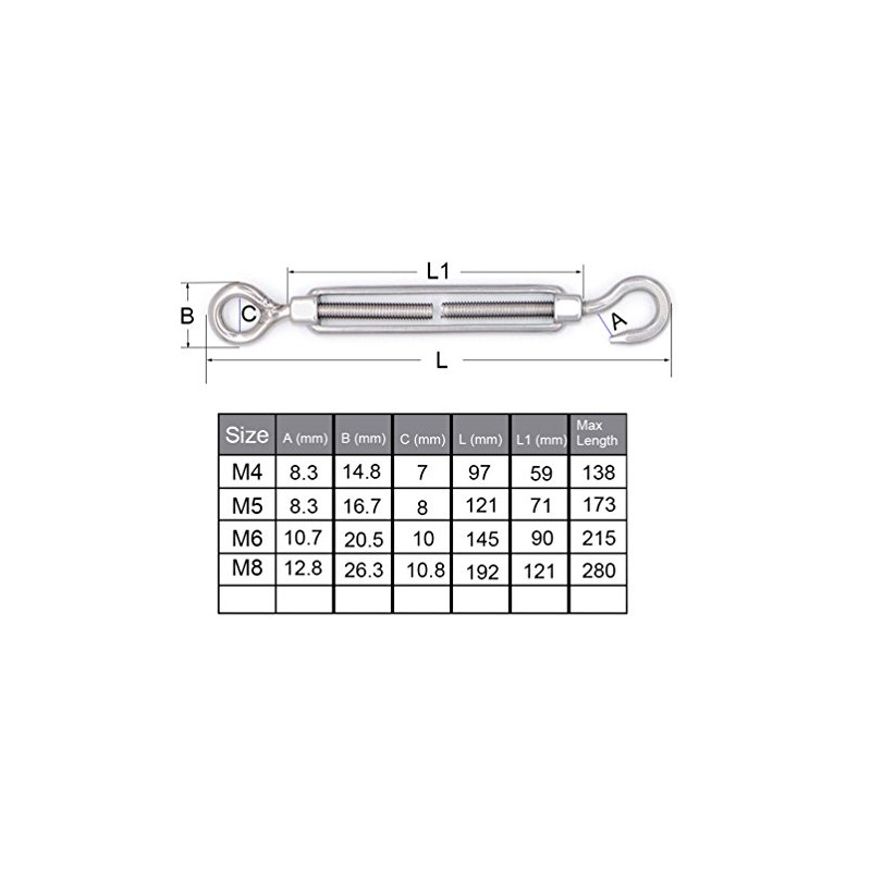 Mecollection 10pcs M4 Stainless Steel 304 Hook & Eye Turnbuckle