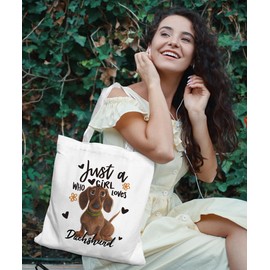 SZERE Dachshund Dog Gifts Canvas Tote Bags for Women, Just A Girl Who Loves Dachshund, Christmas and Reusable Tote Bags Gifts with Handles