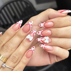 24Pcs French Tip Press on Nails Medium Almond Fake Nails with Bow Charms Valentine's Day Acrylic Nails Romantic Heart Stick on Nails Full Cover French False Nails Valentines Artificial Nails for Women
