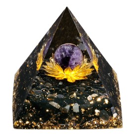 mookaitedecor Amethyst Stone Crystal Pyramid with Obsidian Tumbled Stones Crystal Ball on Gold Lotus Chakra Energy Generator for Protection Reiki Healing Meditation Office Home Decor