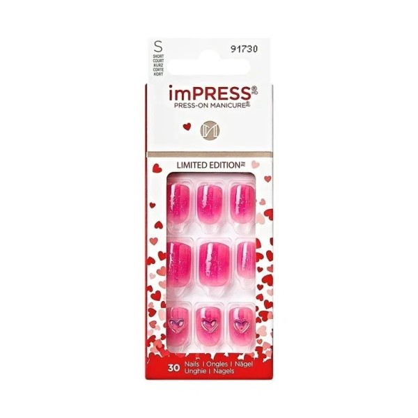 Kiss imPRESS Valentine Press-On Nails, No Glue Needed, Pink, Short